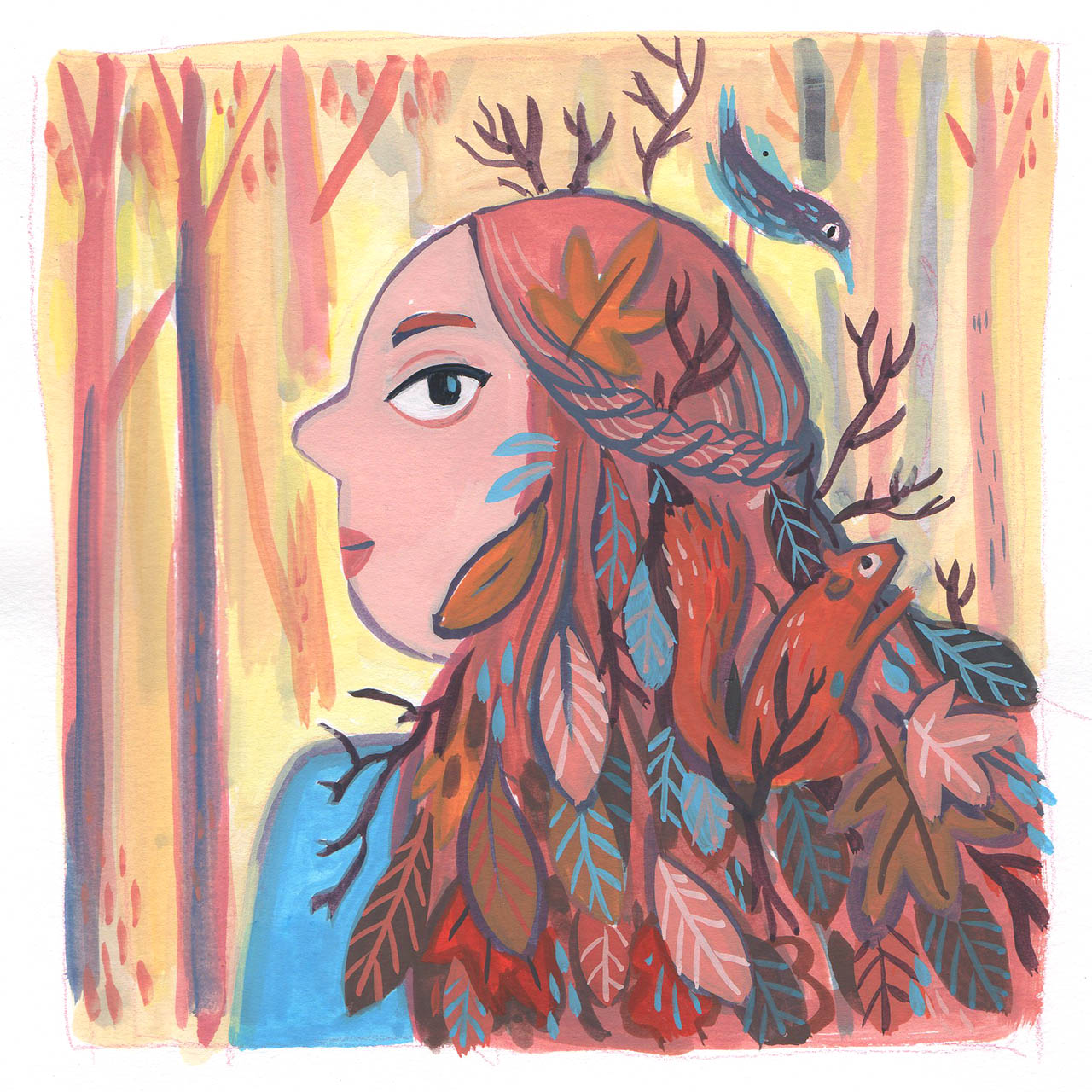 peinture à la gouache d'un portrait de femme de profil avec des feuilles et un écureuil dans les cheveux