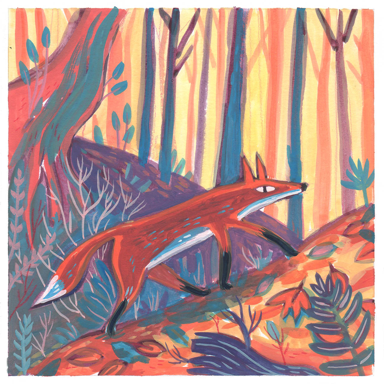 peinture à la gouache d'un renard dans la forêt