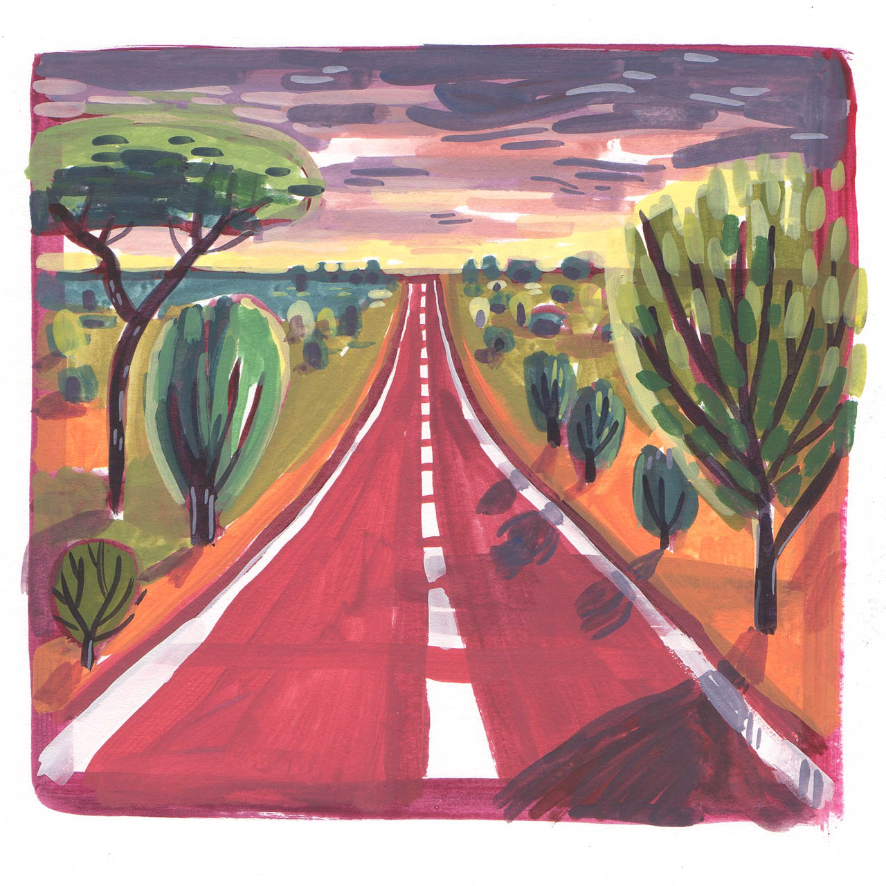 peinture à la gouache d'une route dans le désert en Australie