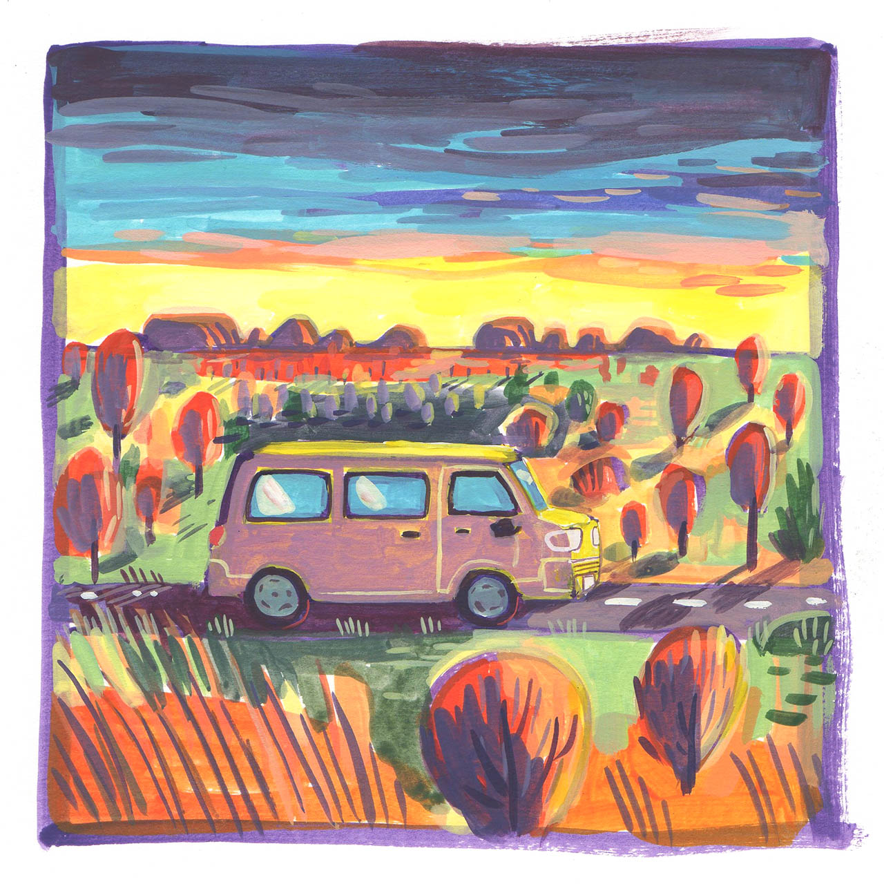 peinture à la gouache d'un van dans le désert australien