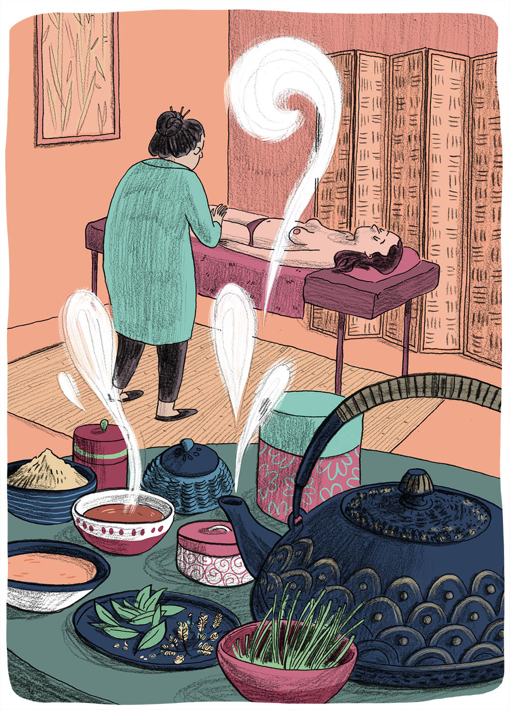 illustration d'une séance de médecine chinoise avec plantes médicinales et massage