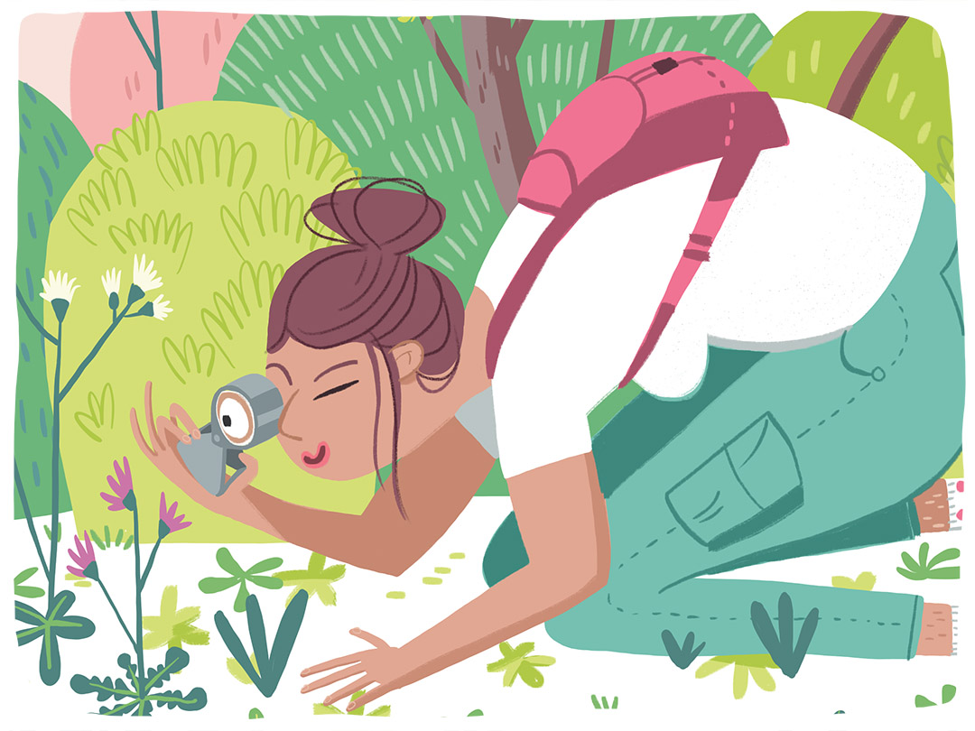 illustration vectorielle d'une femme regardant des plantes sauvages dans une loupe de botaniste