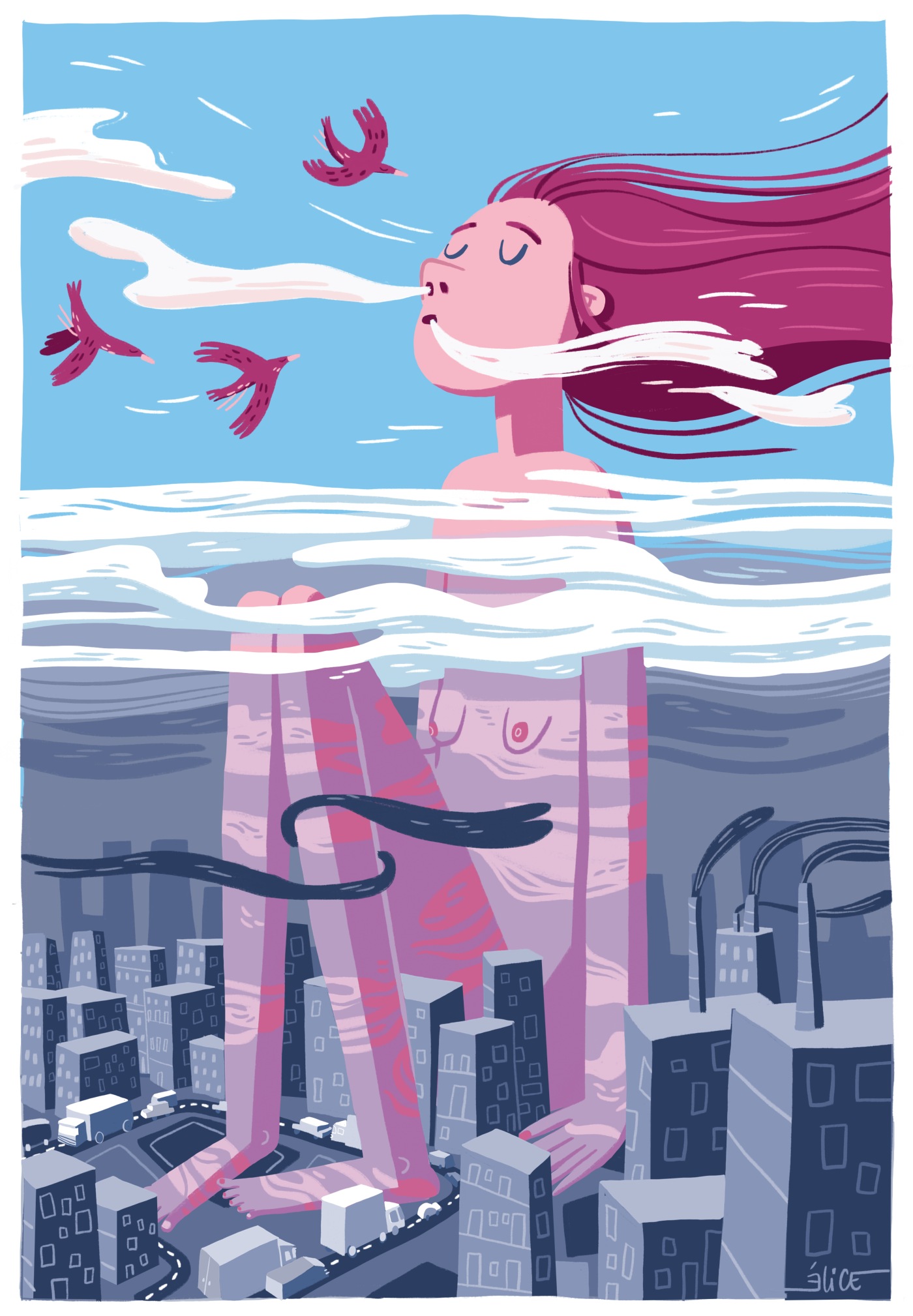 Illustration numérique d'une femme géante assise dans une ville grise et polluée, elle respire l'air frais au dessus du nuage de pollution.