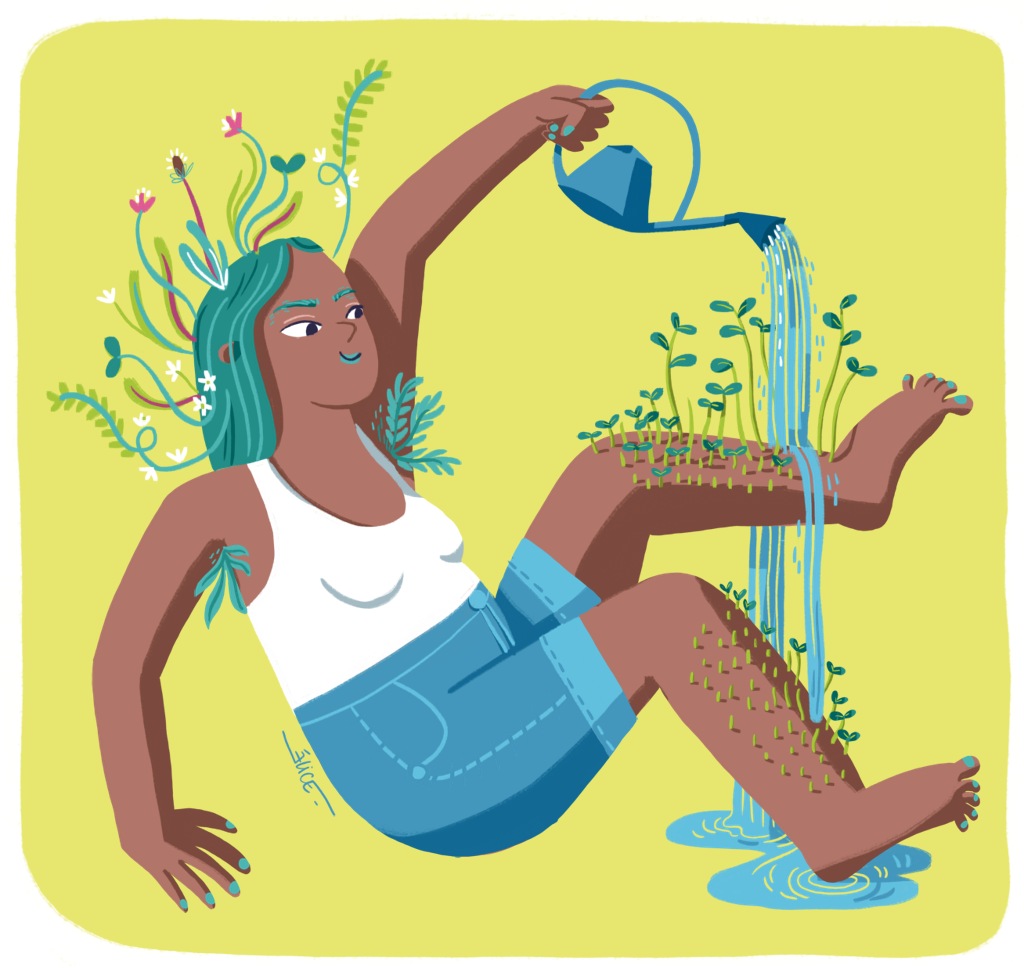 illustration numérique et écoféministe d'une femme qui fait couler de l'eau sur ses jambes avec un arrosoir pour faire pousser des plantes