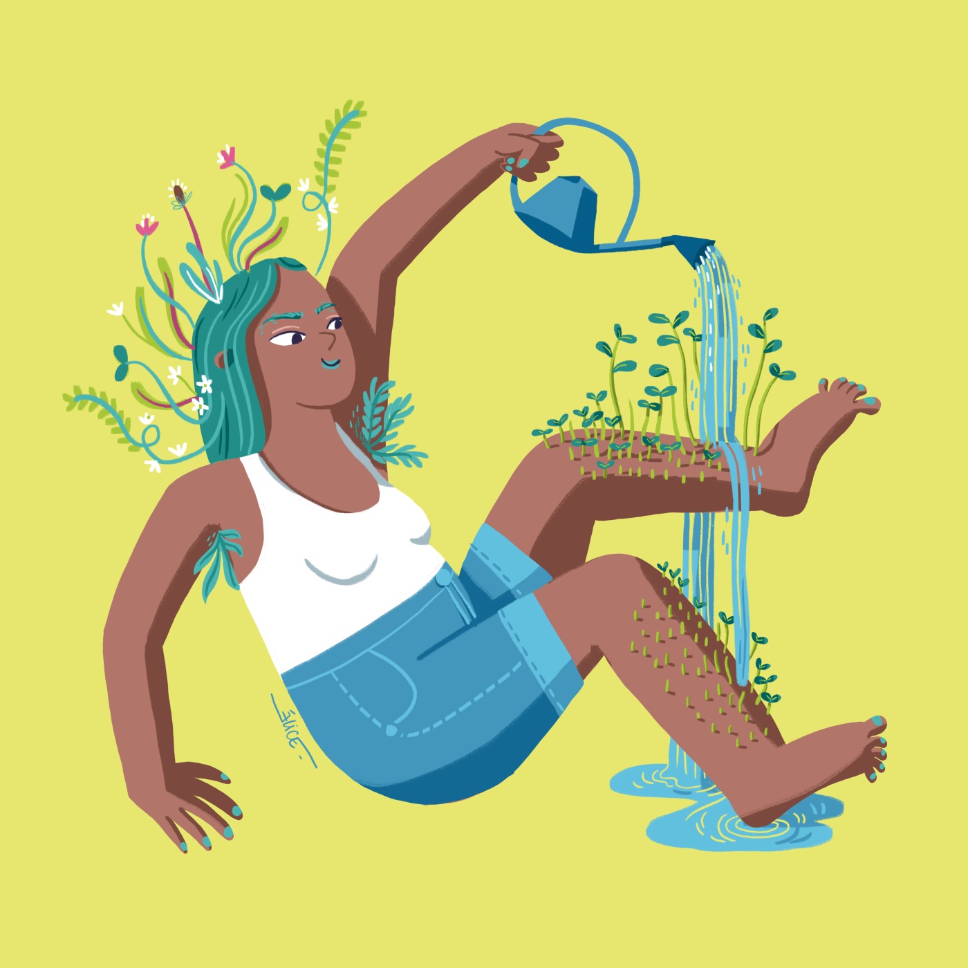 illustration numérique et écoféministe d'une femme qui fait couler de l'eau sur ses jambes avec un arrosoir pour faire pousser des plantes