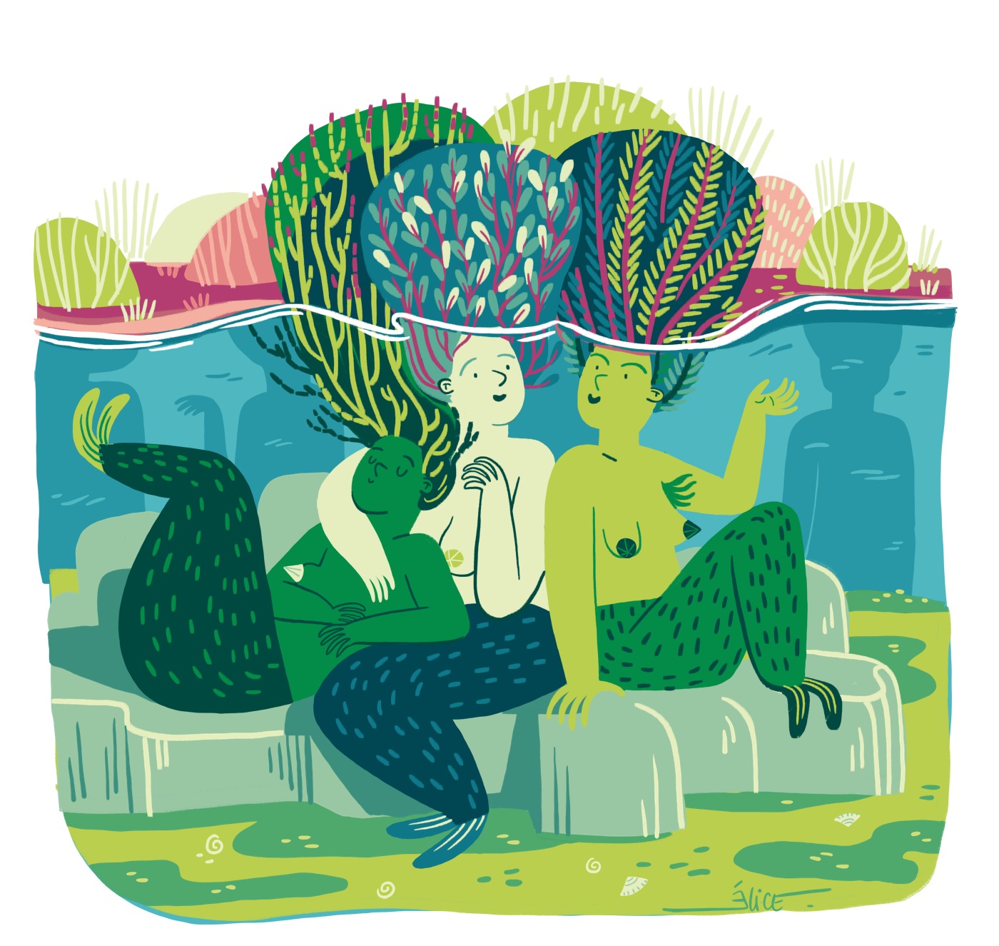 illustration numérique de trois sirènes assises sur des rochers, leurs cheveux format des buissons de la végétation des salines : salicorne, obione.