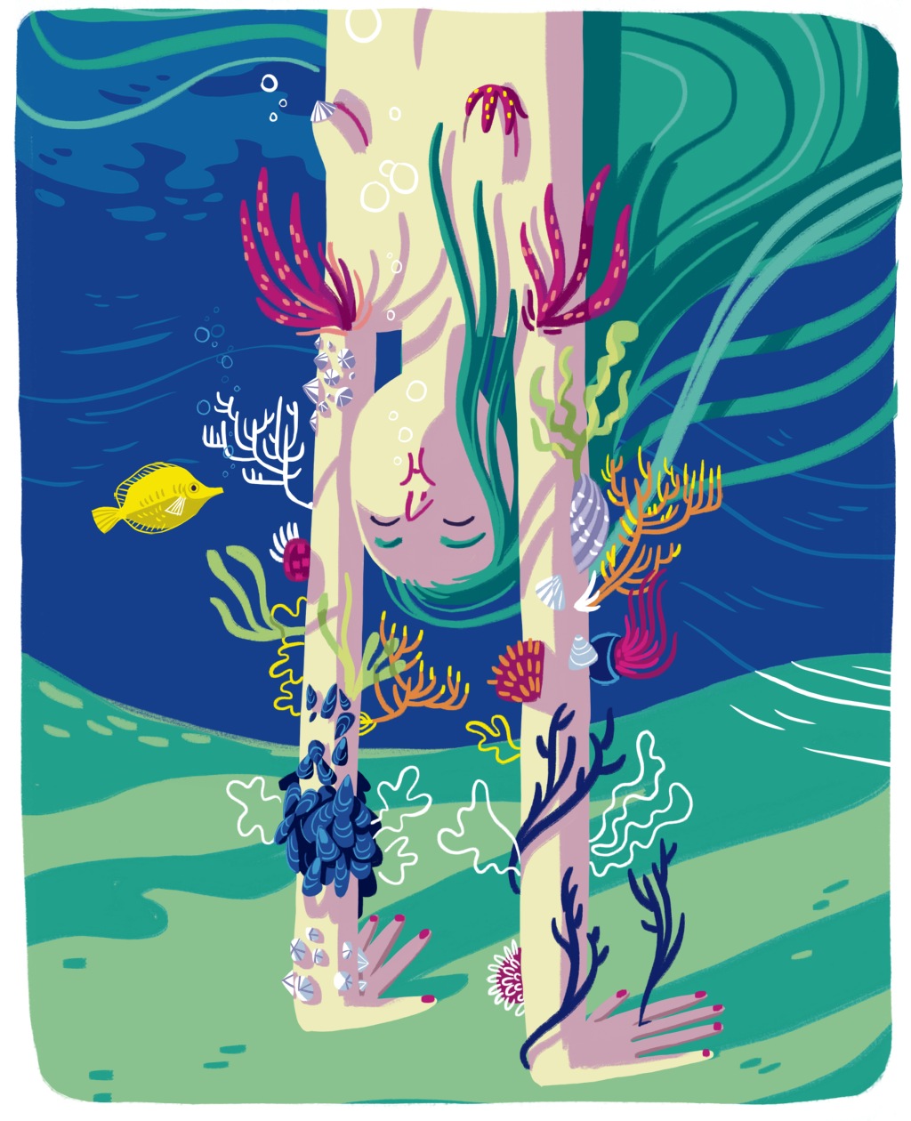 illustration numérique d'une femme qui fait le poirier sous l'eau. Ses bras servent d'ancrage à tout un écosystème marin, coraux, poissons, plantes aquatiques.