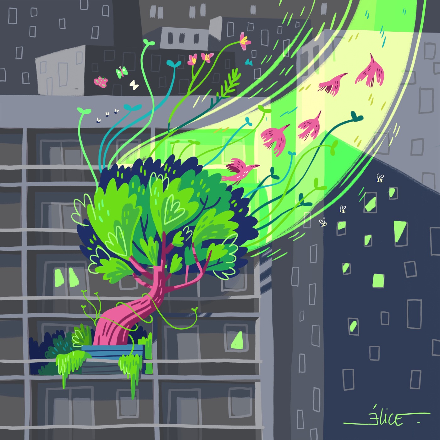 illustration numérique d'un arbre qui pousse sur un balcon, symbole de la nécessité de revégétaliser les villes.